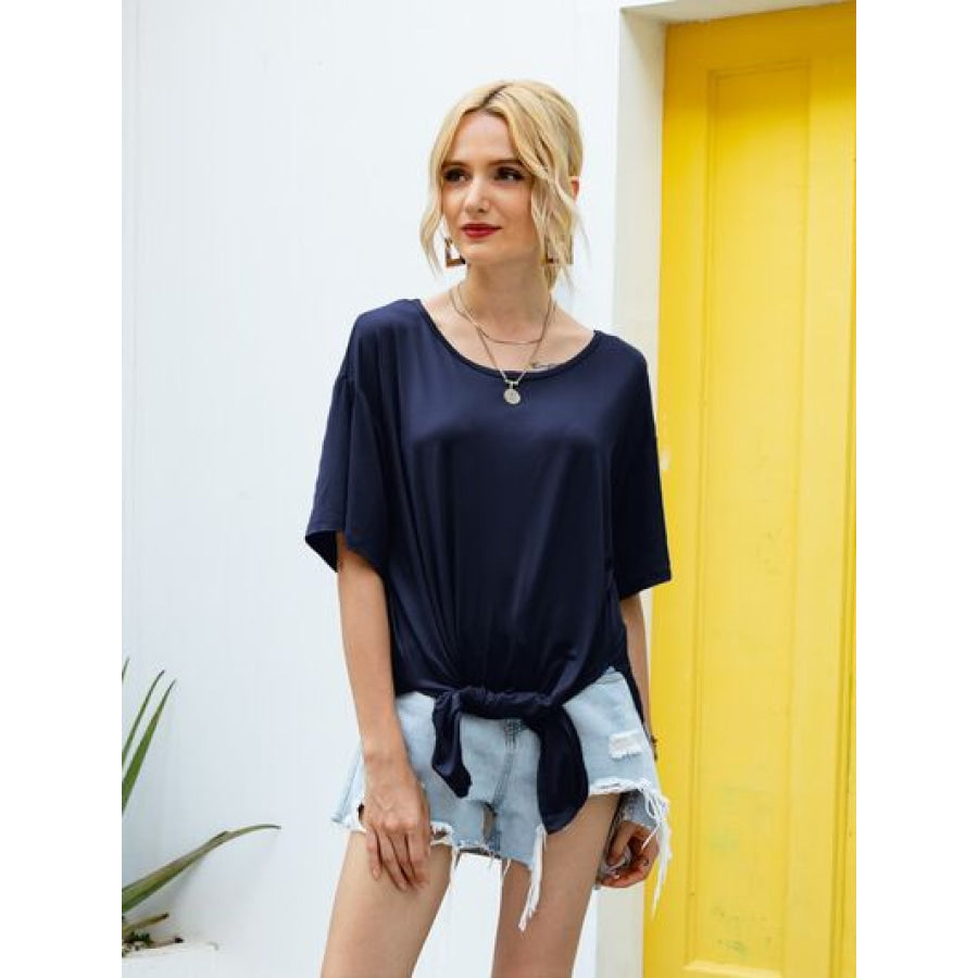 Slit Boat Neck Half Sleeve T - Shirt Navy / S Apparel and Accessories