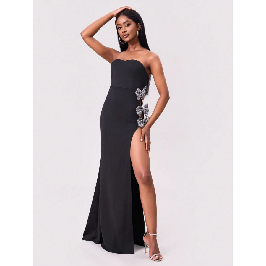 Slit Bow Trim Tube Maxi Dress Black / S Apparel and Accessories