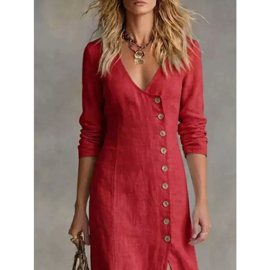 Slit Button-Down Midi Dress Apparel and Accessories