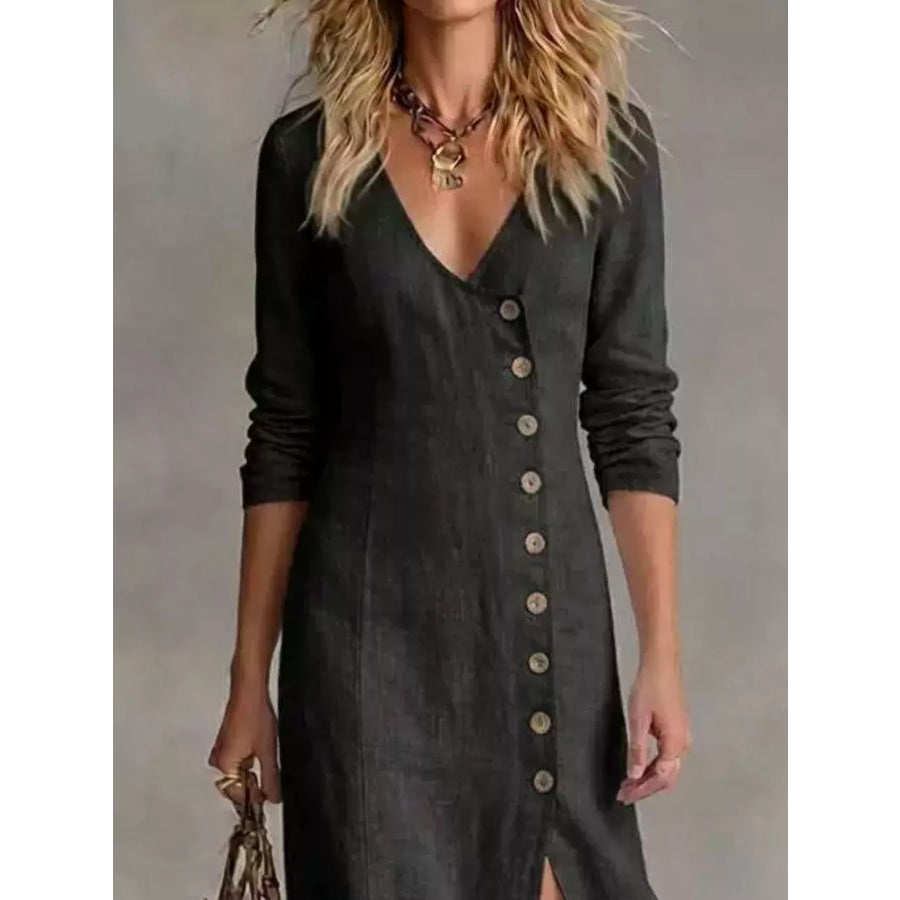 Slit Button-Down Midi Dress Apparel and Accessories