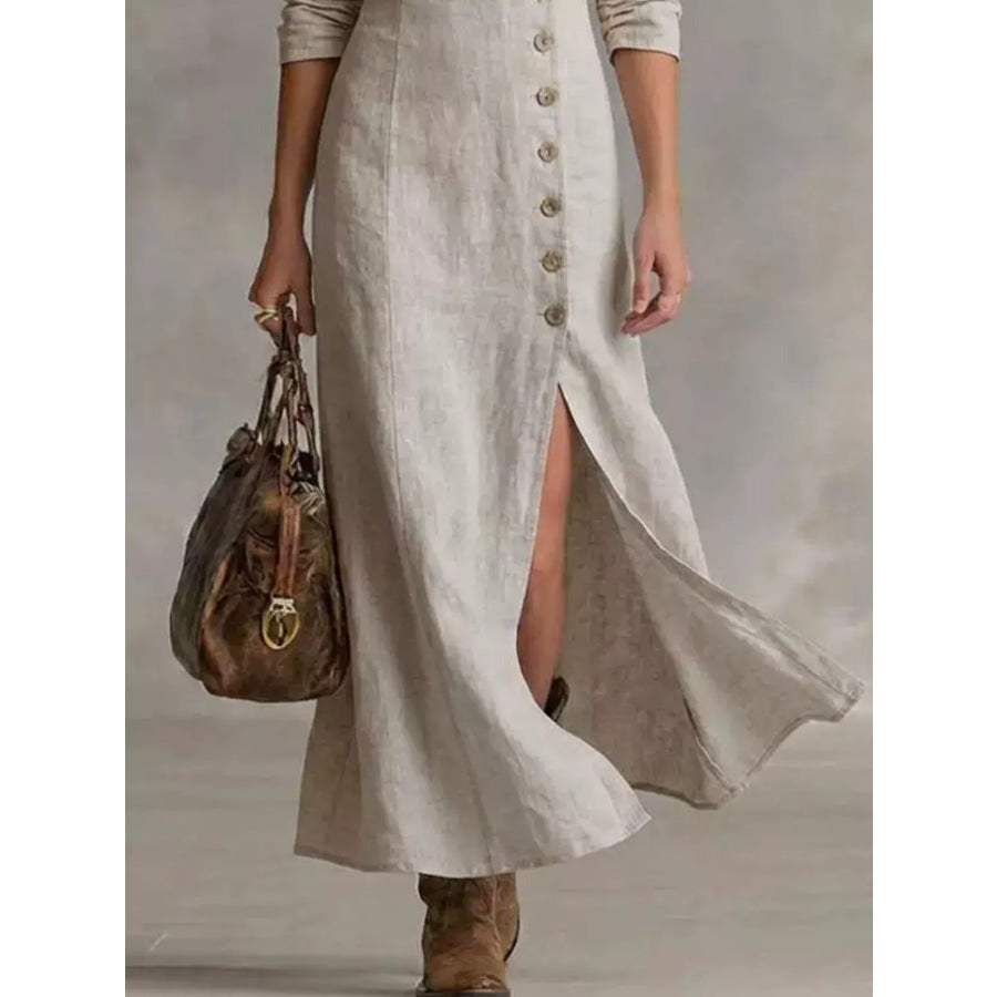 Slit Button-Down Midi Dress Khaki Color / S Apparel and Accessories