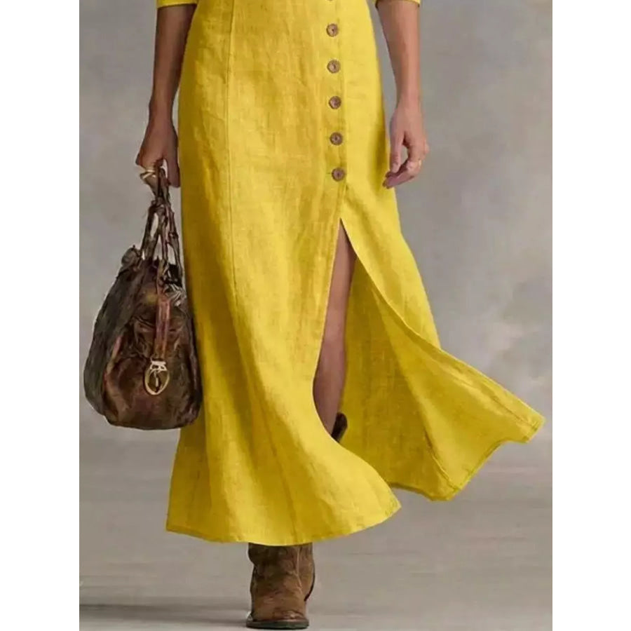 Slit Button-Down Midi Dress Apparel and Accessories