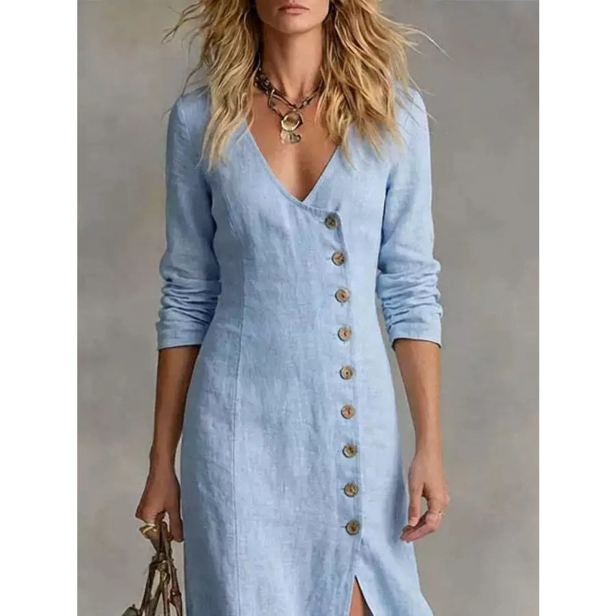 Slit Button-Down Midi Dress Apparel and Accessories