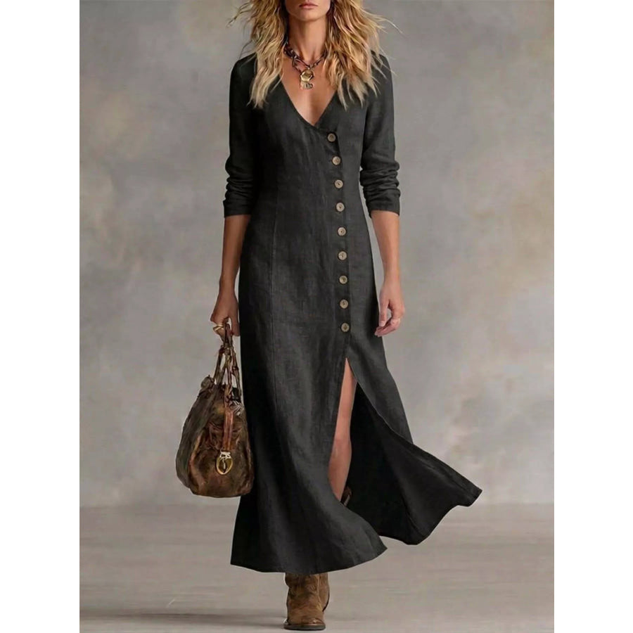 Slit Button-Down Midi Dress Black / S Apparel and Accessories