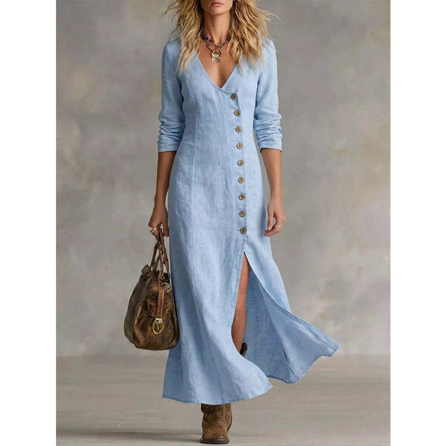 Slit Button-Down Midi Dress Light Blue / S Apparel and Accessories