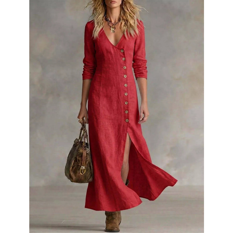 Slit Button-Down Midi Dress Red / S Apparel and Accessories