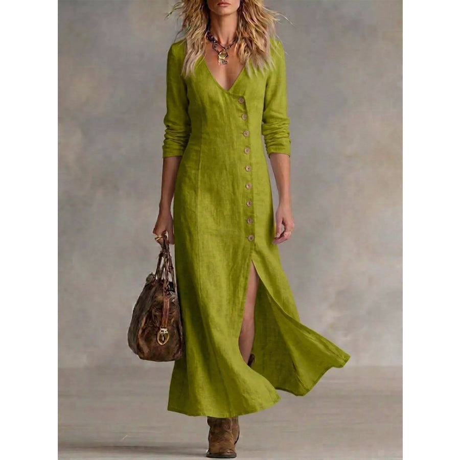 Slit Button-Down Midi Dress Yellow Green / S Apparel and Accessories