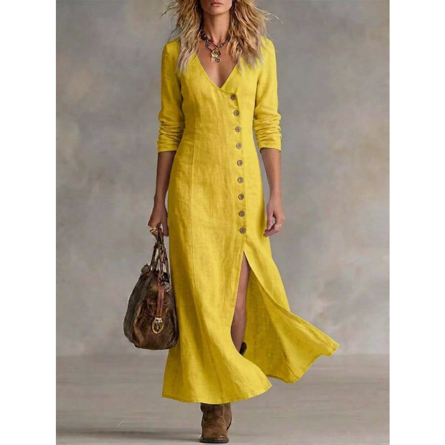 Slit Button-Down Midi Dress Yellow / S Apparel and Accessories
