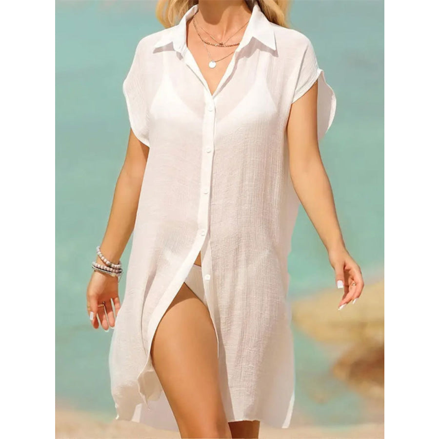 Slit Button Up Short Sleeve Cover-Up White / S Apparel and Accessories