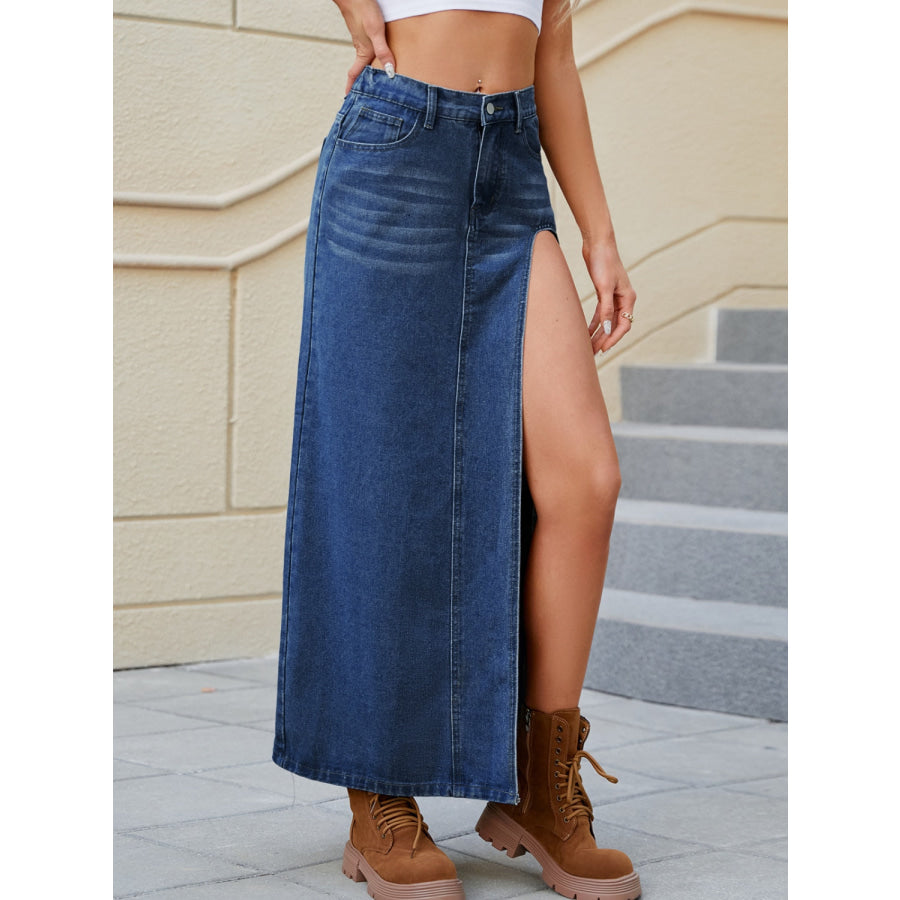 Slit Buttoned Denim Skirt with Pockets Apparel and Accessories