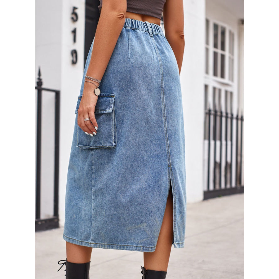 Slit Buttoned Denim Skirt with Pockets Apparel and Accessories