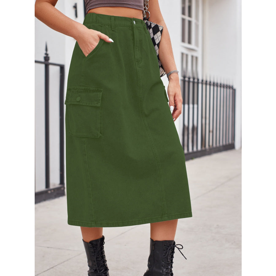 Slit Buttoned Denim Skirt with Pockets Apparel and Accessories