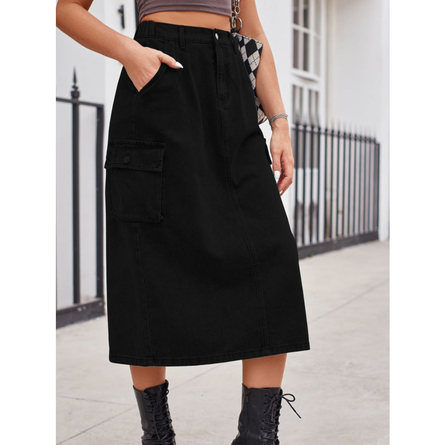 Slit Buttoned Denim Skirt with Pockets Apparel and Accessories