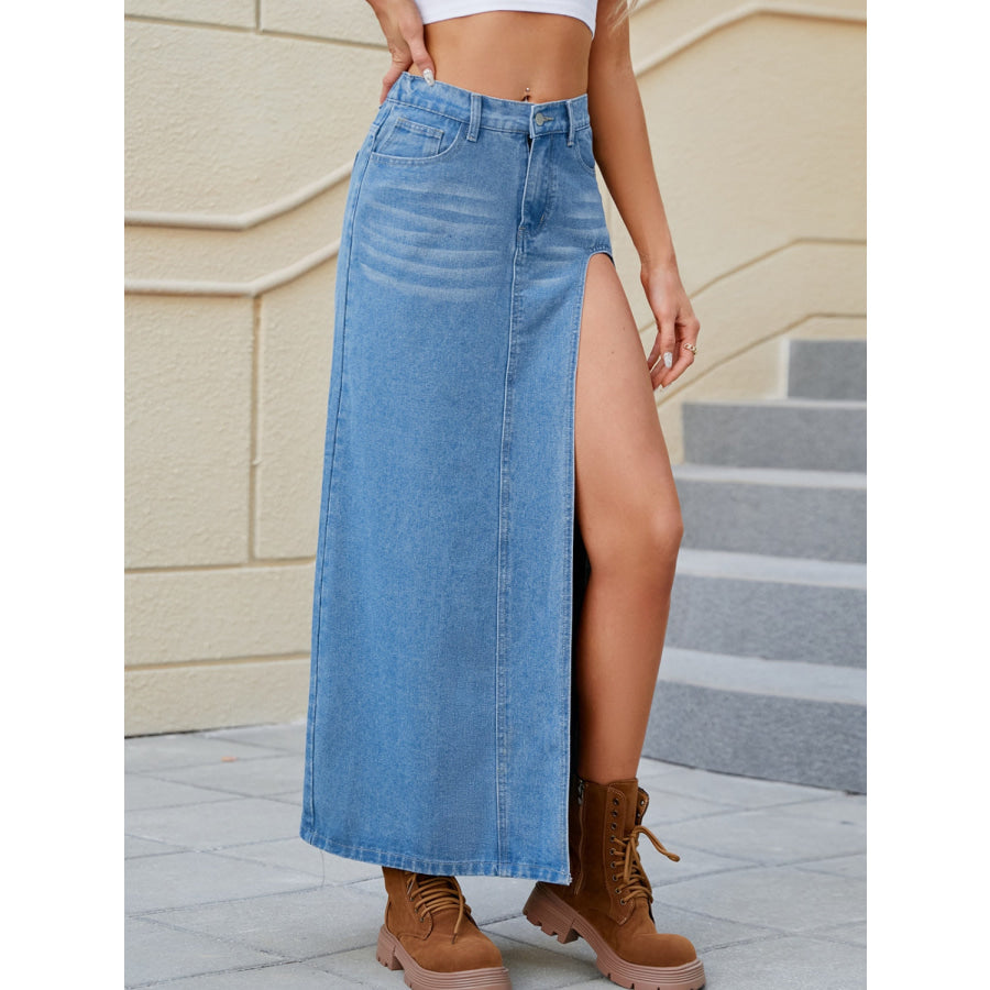 Slit Buttoned Denim Skirt with Pockets Apparel and Accessories