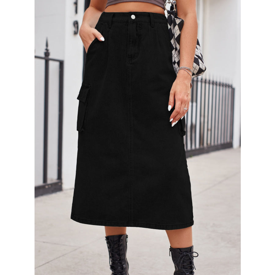Slit Buttoned Denim Skirt with Pockets Black / S Apparel and Accessories