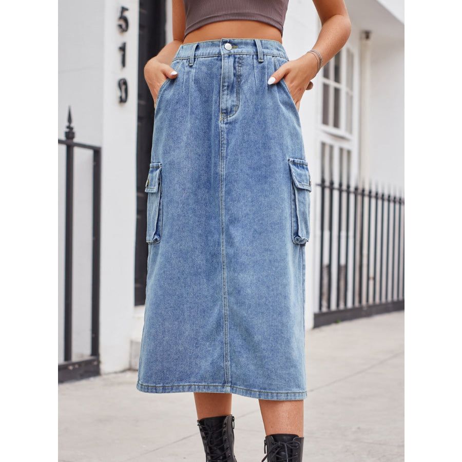 Slit Buttoned Denim Skirt with Pockets Dusty Blue / S Apparel and Accessories