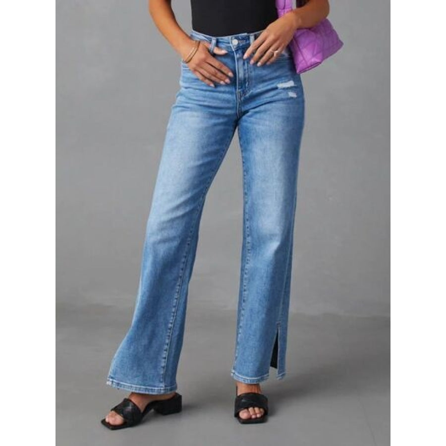 Slit Buttoned Jeans with Pockets Apparel and Accessories