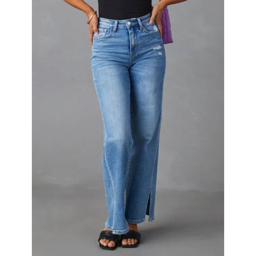 Slit Buttoned Jeans with Pockets Apparel and Accessories