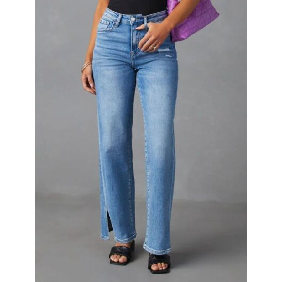 Slit Buttoned Jeans with Pockets Apparel and Accessories