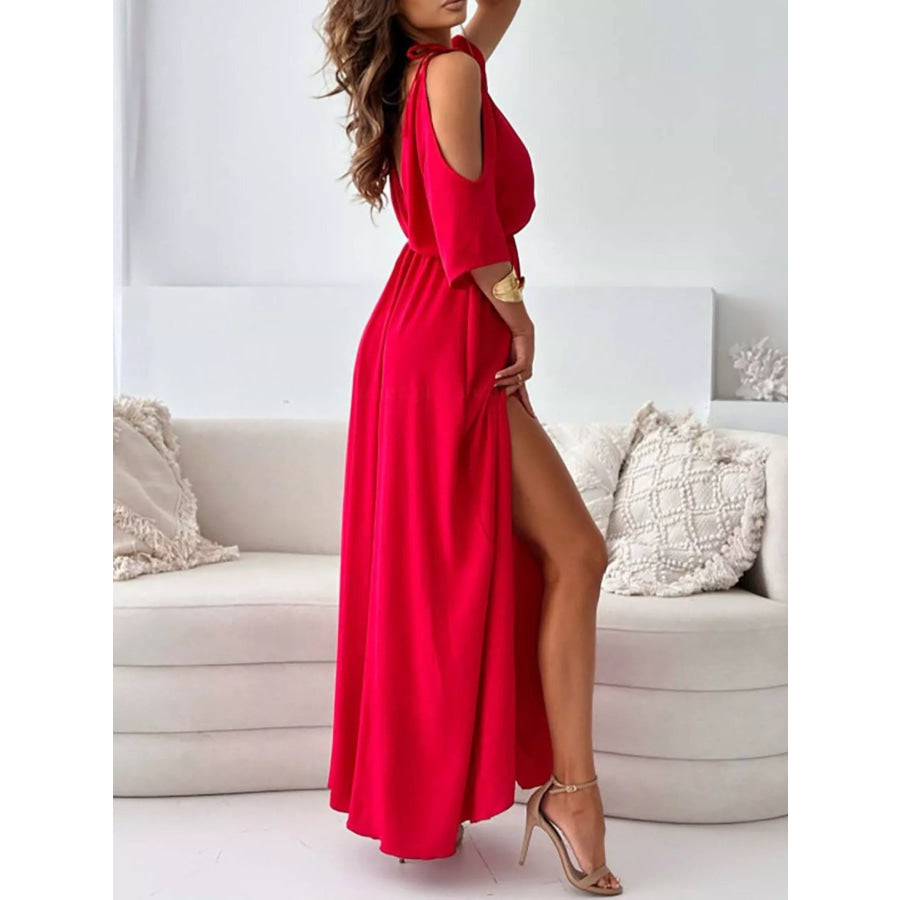 Slit Cold Shoulder Maxi Dress Deep Red / S Apparel and Accessories