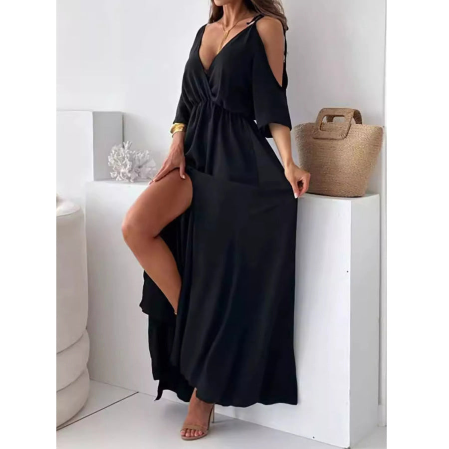 Slit Cold Shoulder Maxi Dress Black / S Apparel and Accessories