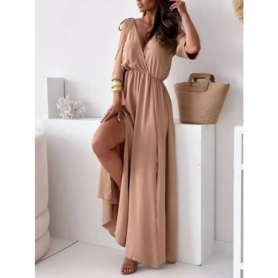 Slit Cold Shoulder Maxi Dress Caramel / S Apparel and Accessories