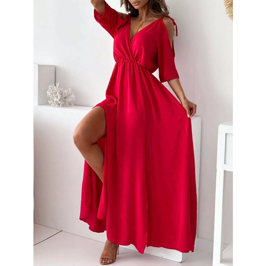 Slit Cold Shoulder Maxi Dress Deep Red / S Apparel and Accessories