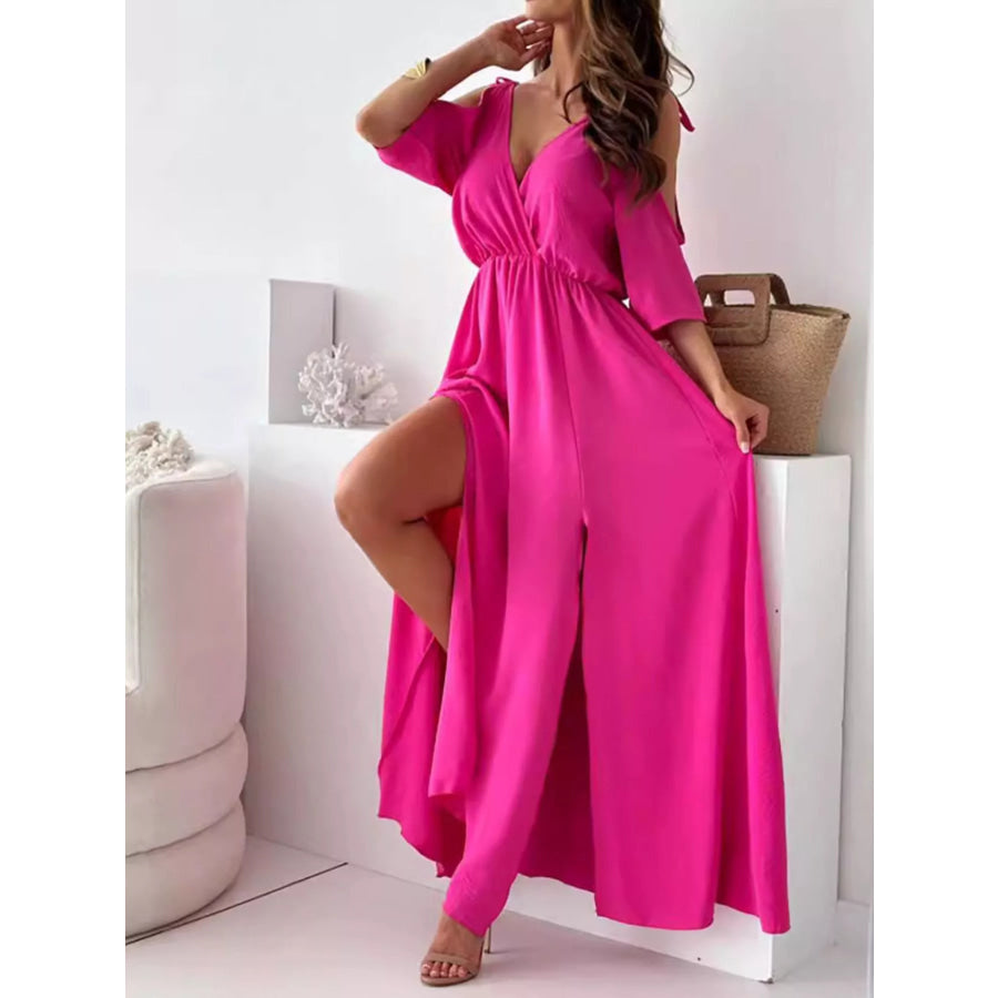 Slit Cold Shoulder Maxi Dress Hot Pink / S Apparel and Accessories