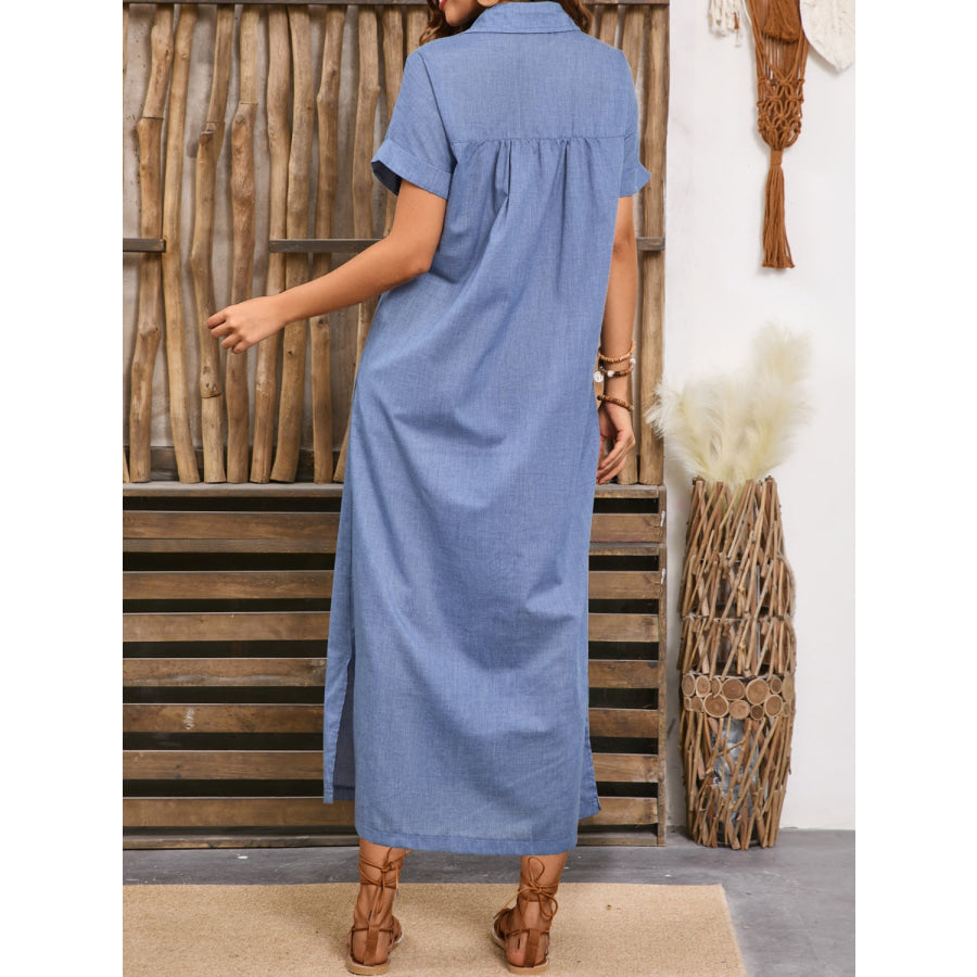 Slit Collared Neck Short Sleeve Midi Dress Apparel and Accessories