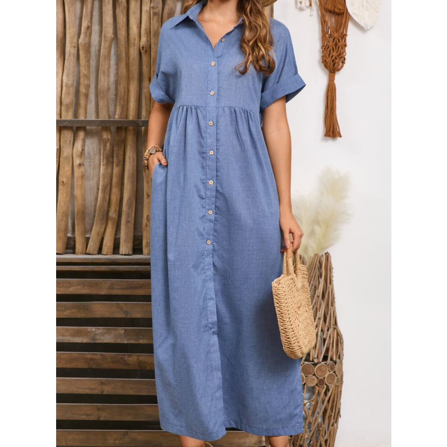 Slit Collared Neck Short Sleeve Midi Dress Apparel and Accessories