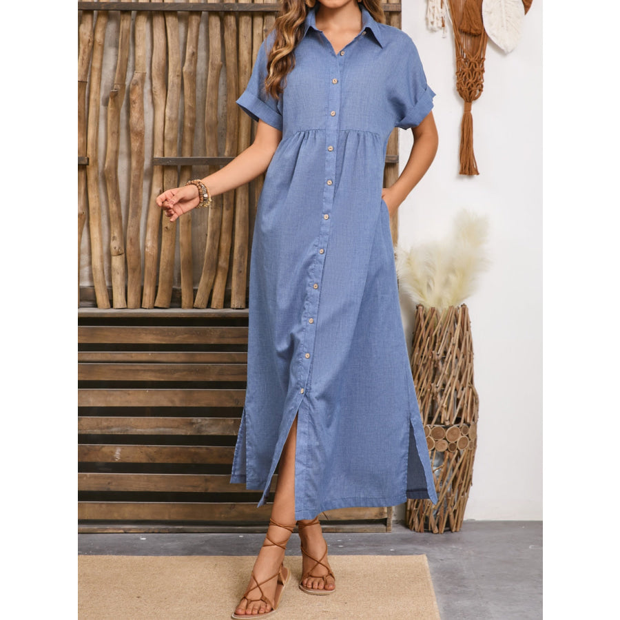 Slit Collared Neck Short Sleeve Midi Dress Dusty Blue / S Apparel and Accessories