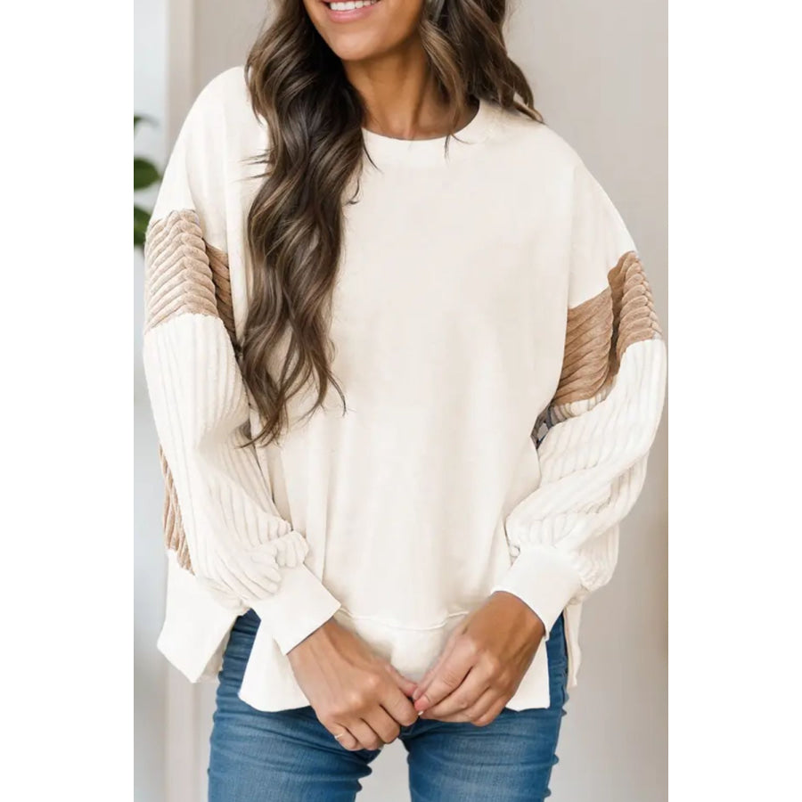 Slit Color Block Long Sleeve Sweatshirt Ivory / S Apparel and Accessories