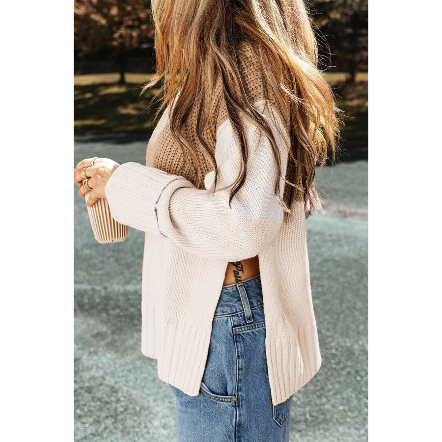 Slit Color Block Turtleneck Long Sleeve Sweater Apparel and Accessories