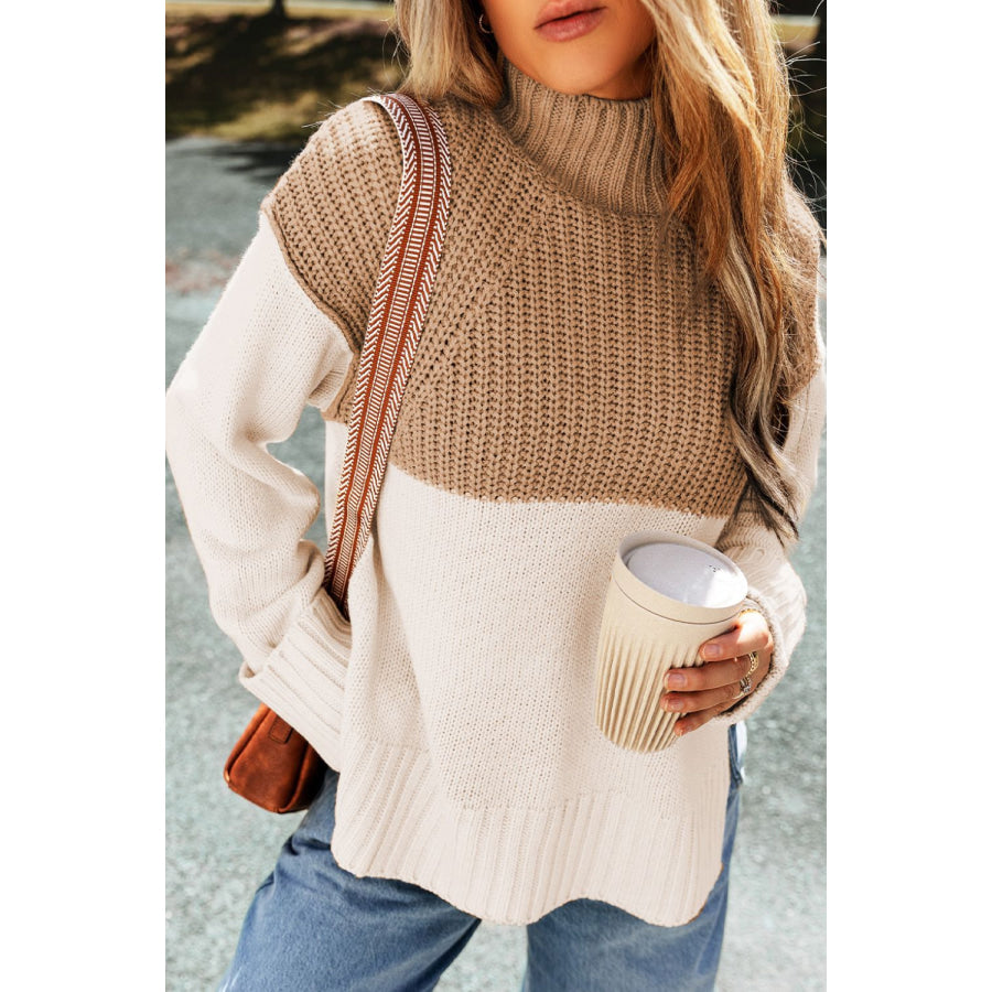 Slit Color Block Turtleneck Long Sleeve Sweater Camel / S Apparel and Accessories