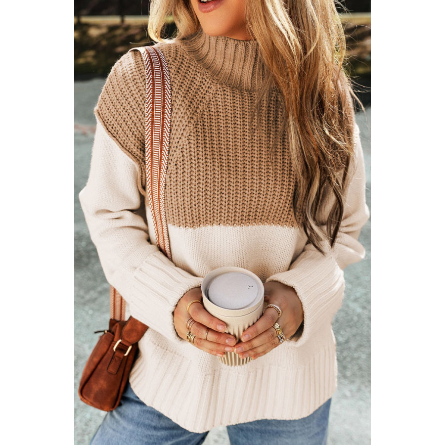 Slit Color Block Turtleneck Long Sleeve Sweater Camel / S Apparel and Accessories