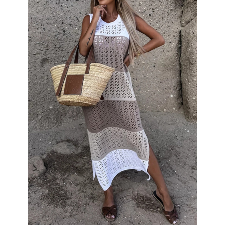 Slit Color Block Wide Strap Cover Up Mocha / S Apparel and Accessories