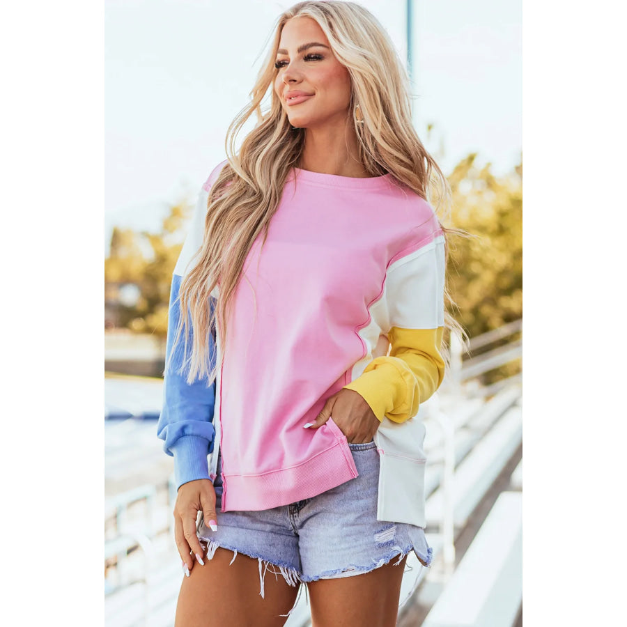 Slit Contrast Round Neck Long Sleeve Sweatshirt Apparel and Accessories