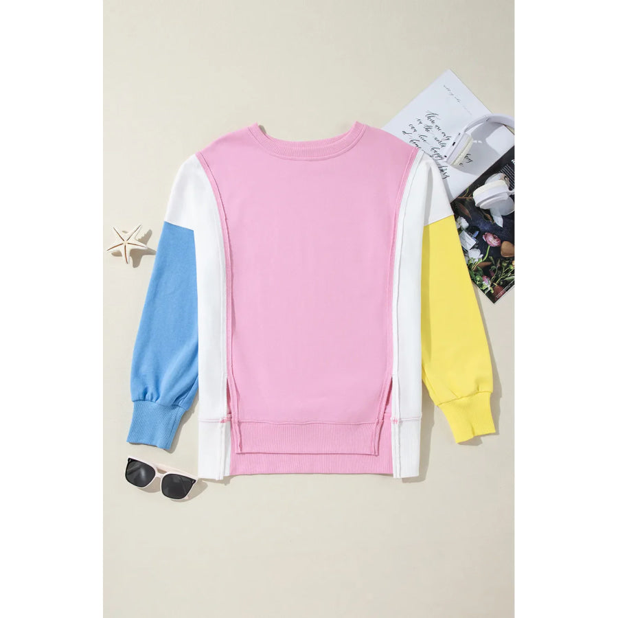 Slit Contrast Round Neck Long Sleeve Sweatshirt Apparel and Accessories