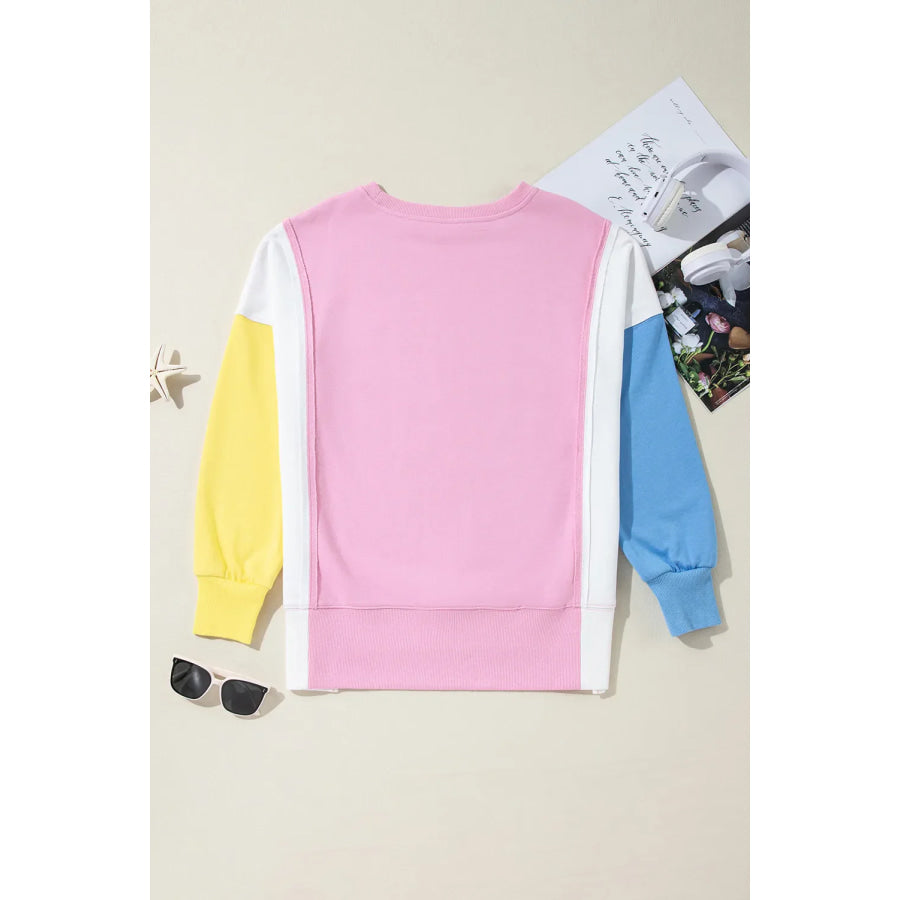 Slit Contrast Round Neck Long Sleeve Sweatshirt Apparel and Accessories