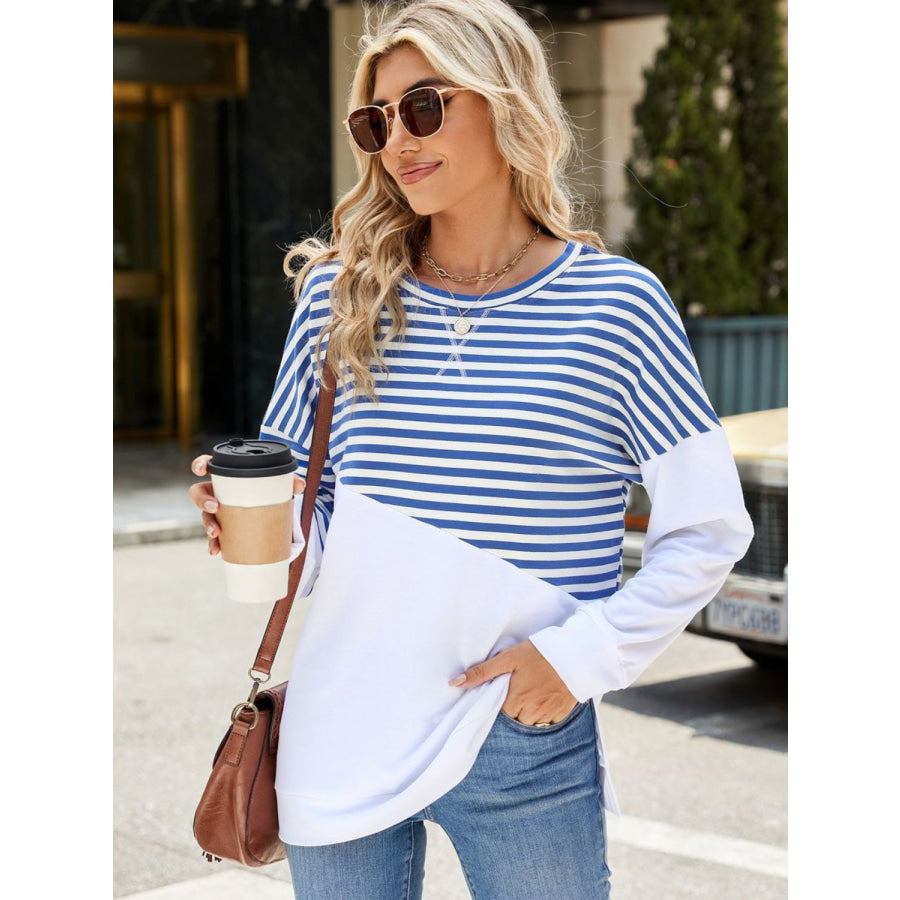 Slit Contrast Striped Long Sleeve Sweatshirt Apparel and Accessories
