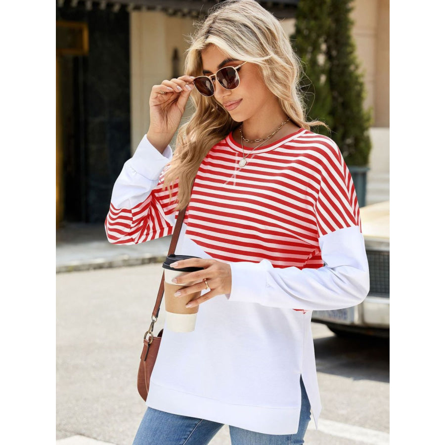 Slit Contrast Striped Long Sleeve Sweatshirt Apparel and Accessories