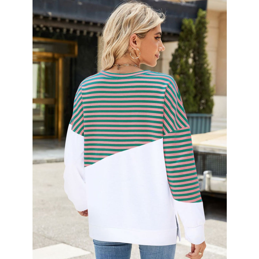 Slit Contrast Striped Long Sleeve Sweatshirt Apparel and Accessories