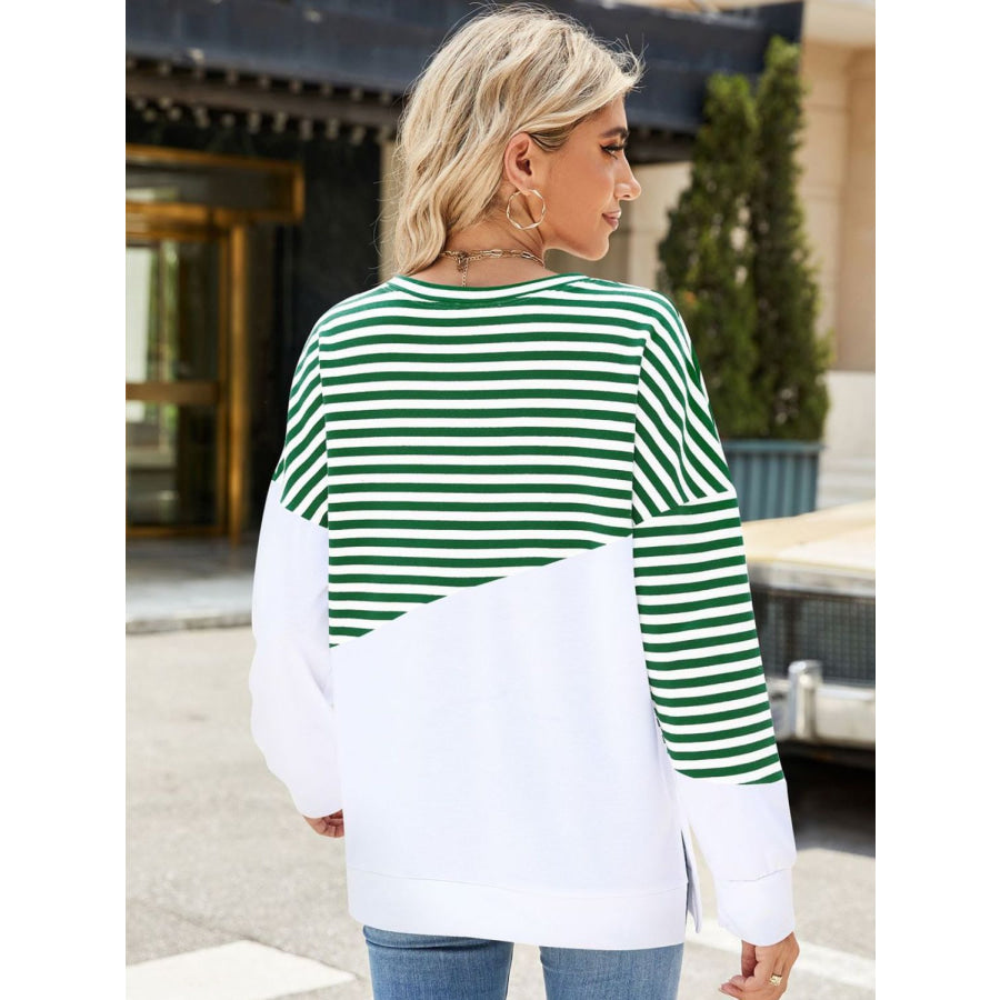 Slit Contrast Striped Long Sleeve Sweatshirt Apparel and Accessories