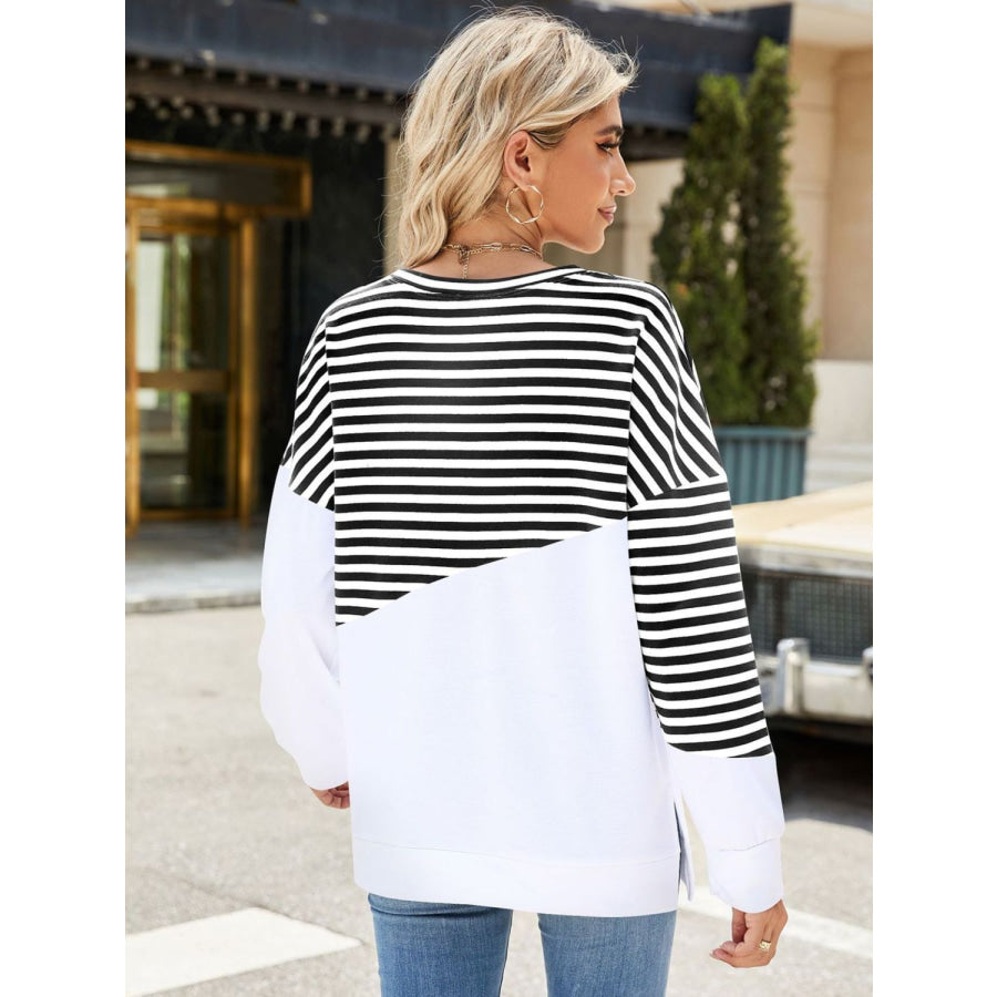 Slit Contrast Striped Long Sleeve Sweatshirt Apparel and Accessories