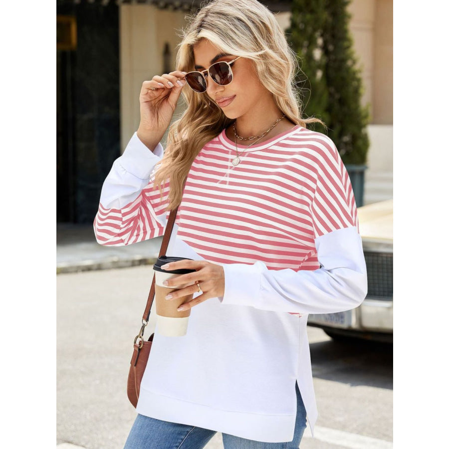 Slit Contrast Striped Long Sleeve Sweatshirt Apparel and Accessories