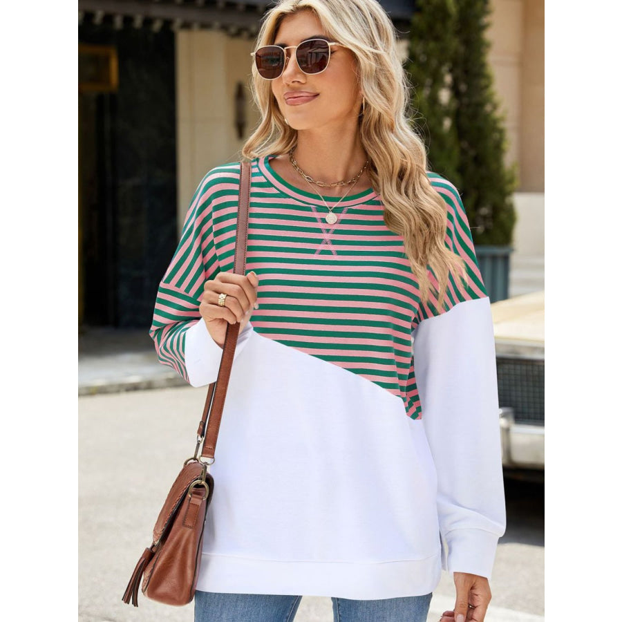 Slit Contrast Striped Long Sleeve Sweatshirt Apparel and Accessories