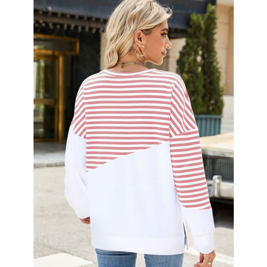 Slit Contrast Striped Long Sleeve Sweatshirt Apparel and Accessories