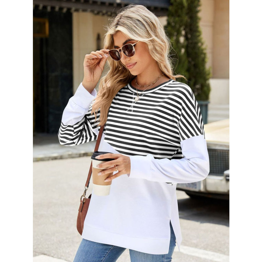 Slit Contrast Striped Long Sleeve Sweatshirt Apparel and Accessories