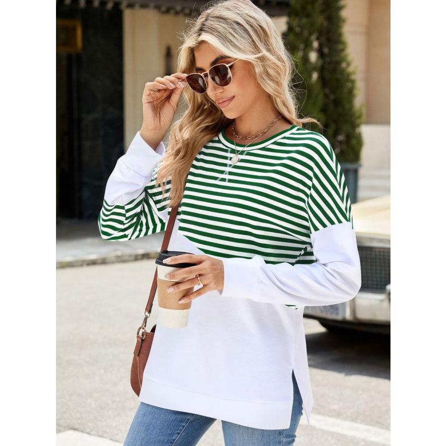 Slit Contrast Striped Long Sleeve Sweatshirt Apparel and Accessories