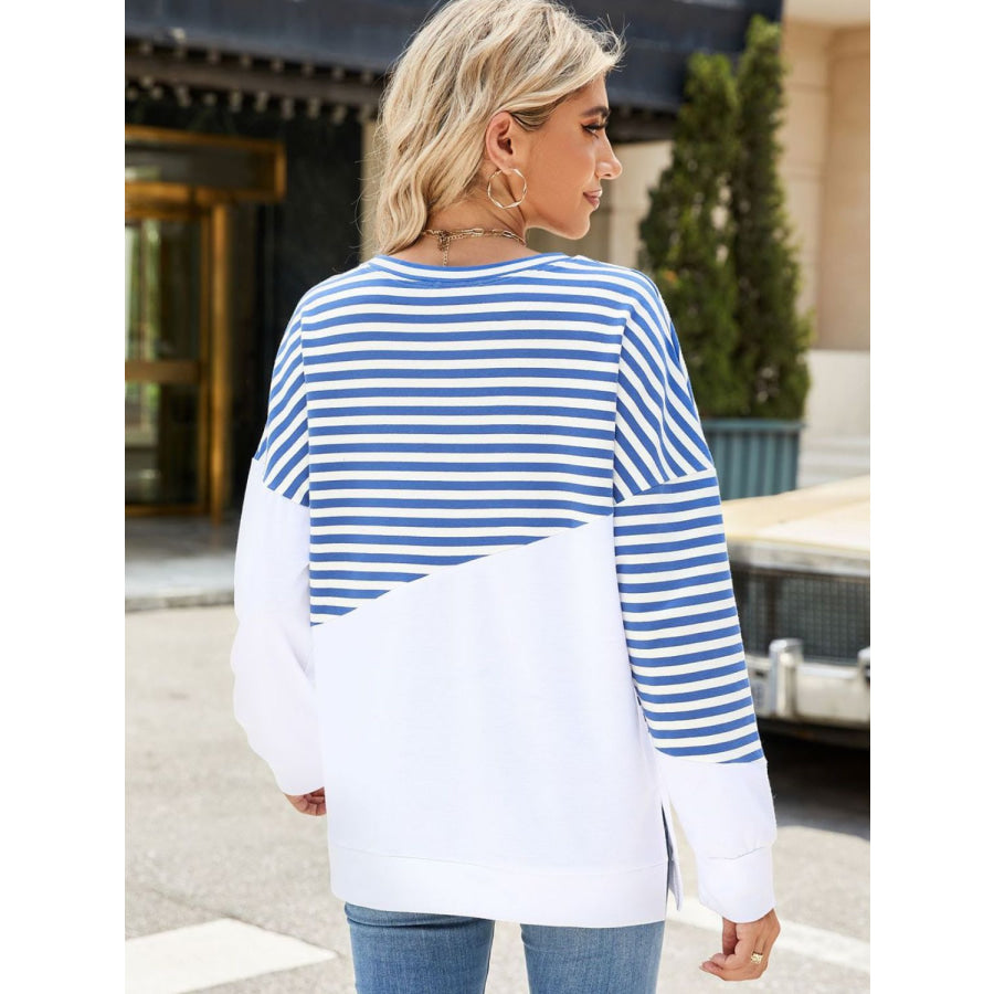 Slit Contrast Striped Long Sleeve Sweatshirt French Blue / S Apparel and Accessories